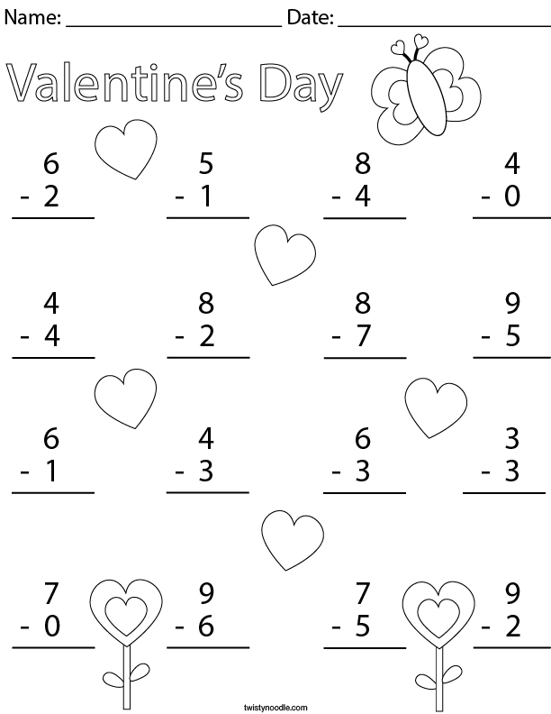 Valentine's Day Single Digit Subtraction Math Worksheet Twisty Noodle